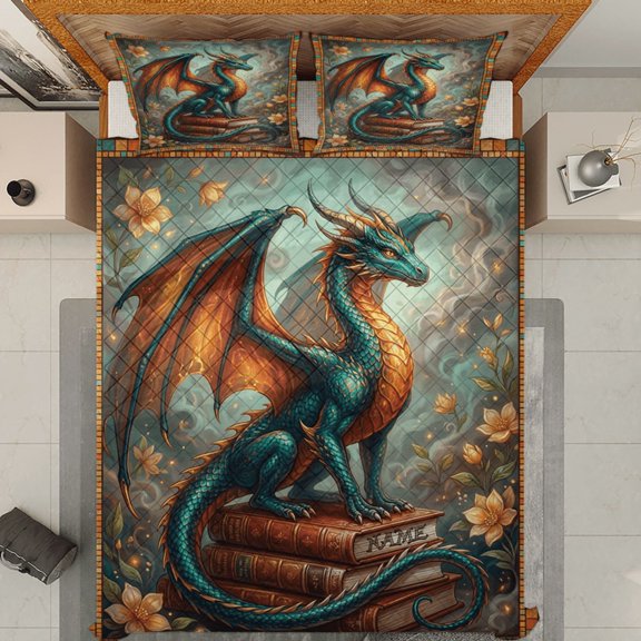 Personalized Dragon With Books And Floral Quilt Bedding Set, White Binding, 70x80
