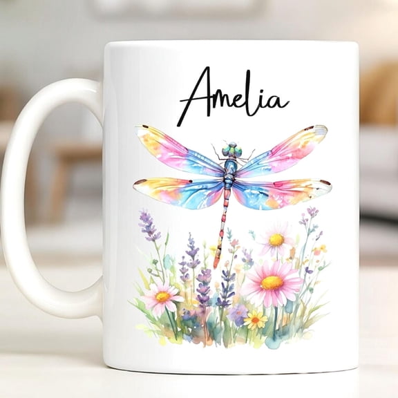 Personalized Dragonfly Mug with Name, Colorful Watercolor Nature Inspired Ceramic Cup