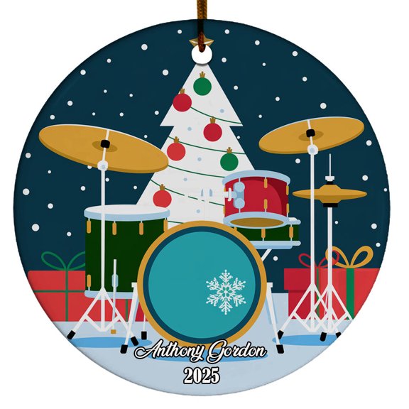 Personalized Drum Player Name Ceramic Ornament, Christmas Keepsake Gift, Custom Drummer Playing Drum Christmas, Drumming Decor Xmas, Drum Set Ornament for Band Music