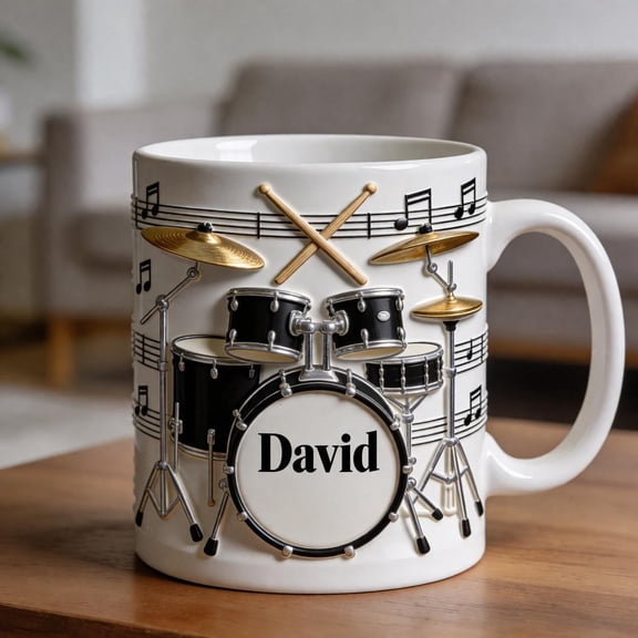 Personalized Drummer Mug Gift, Custom Name Drum Set Coffee Cup, Music Notes Design, Gift for Drummer Him