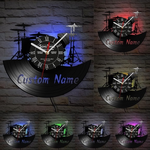 Personalized Drummer Name Vinyl Record LED Backlight Wall Clock Custom Drum Set Retro Silent Wall Clock For Music Studio