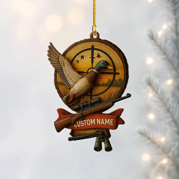 Personalized Duck Hunting Ornament , Custom Name Acrylic Gift with Scope & Rifle , Christmas Tree Decor for Hunters And Outdoorsmen