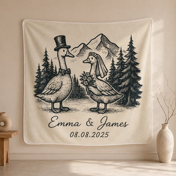 Personalized Duck Wedding Couple Sherpa Blanket Custom Name & Date Gift for Couples Anniversary Wedding