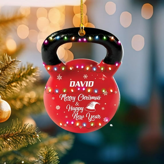 Personalized Dumbbell Ornament, Fitness Gift for Gym Workout Trainer Coach Instructor, Barbell Weight Plates Custom Ornament for Weightlifter, Weightlifting Ornament (D2) (Red)