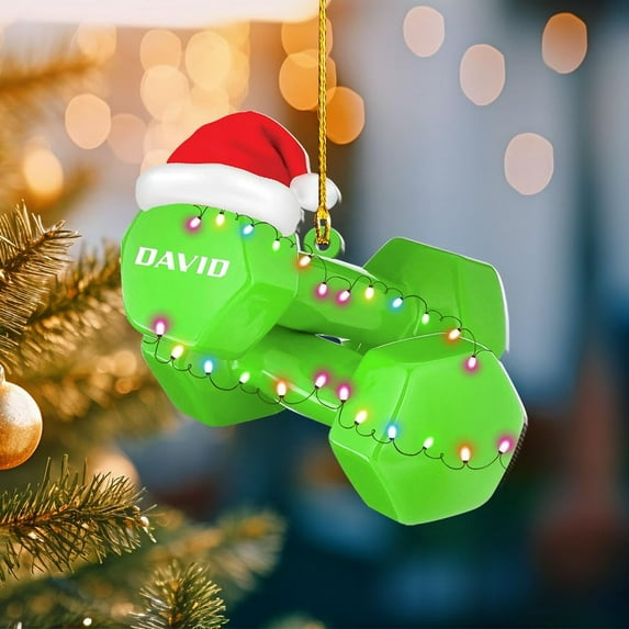 Personalized Dumbbell Ornament, Fitness Gift for Gym Workout Trainer Coach Instructor, Barbell Weight Plates Custom Ornament for Weightlifter, Weightlifting Ornament (D3) (Green)