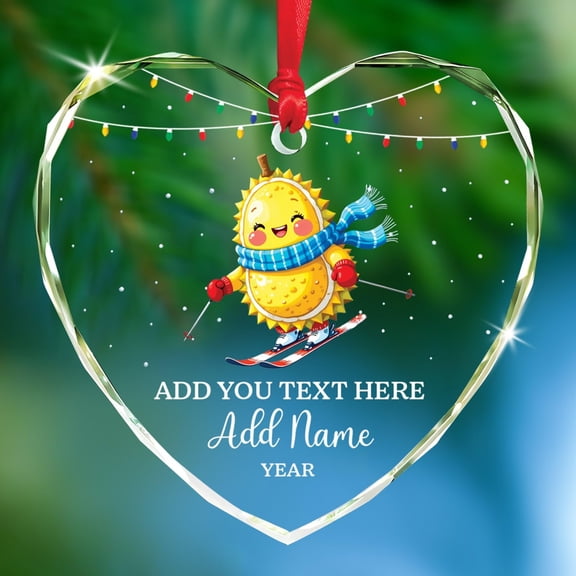 Personalized Durian Skiing Glass Ornament Xmas 2025, Winter Durian Christmas Ornament Gifts for Friends Family, Fruit Wearing Scarf Christmas Hanging Keepsake, Custom Name Fruit Lover Glass Ornaments