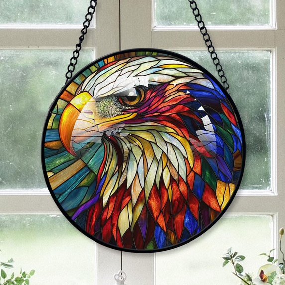 Personalized Eagle Stained Glass Suncatcher Artistic Window Hanging, Eagle 78” Hand-Painted Glass Panel Wall Home Decor, Eagle Garden Decor YME52t (Eagle 7)