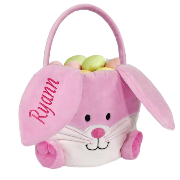 Personalized Easter Basket, Custom Easter Buckets with Long Plush Bunny Ear,Easter Decoration Gifts Pink