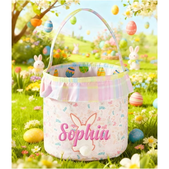 Personalized Easter Basket With Custom Name, Embroidered Floral Bunny Cotton Storage Bucket, Egg Hunt Tote Bag For Toddler Boys And Girls, Rabbit Party Gift, Pink