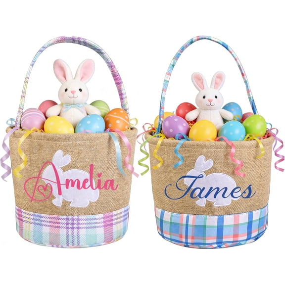 Personalized Easter Basket With Custom Name Embroidery, Bunny Storage Bucket for Kids Egg Hunt, Rabbit Tote Bag for Boys Girls, Shower Birthday Gift, Model EB-01, Pink