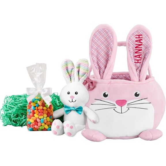 Personalized Easter Basket For Kids, Custom Holiday Decoration, Fillable Basket With Optional Stuffers, Plush Furry Critter Design, Pink Bunny