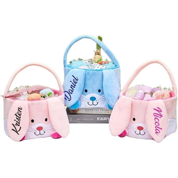 Personalized Easter Basket For Kids, Embroidered Bunny Egg Hunt Basket With Custom Name, Reusable Cotton Lined Handle Basket For Boys Girls, Pink Blue White