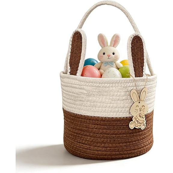 Personalized Easter Basket for Kids – Pink White Bunny Storage Bin with Wooden Tags & Bunny Card, Cute Rabbit Basket for Easter Gifts, Egg Hunt Bucket for Boys & Girls(Dark Brown)