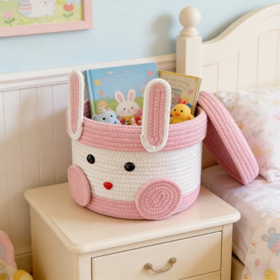 Personalized Easter Basket Woven Baby Easter Gifts Basket with Handle Empty Bunny Egg Basket Pink&white