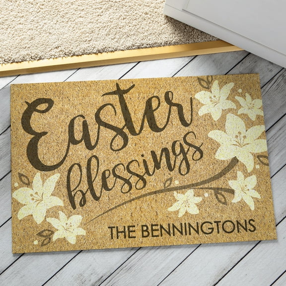 Personalized Easter Blessings Indoor/Outdoor Doormat with Spring Flowers Design and Custom Name Printing