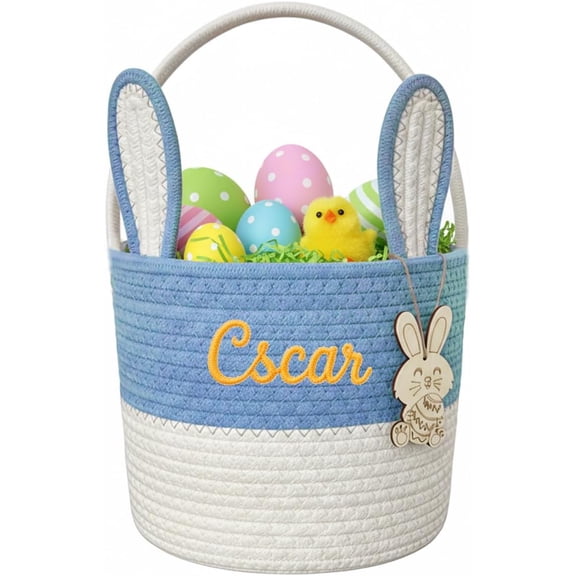 Personalized Easter Bunny Basket for Kids, Custom Easter Egg Hunt Bucket, Cute Rabbit Storage Basket With Wooden Tags, Easter Gifts for Boys Girls(Blue)