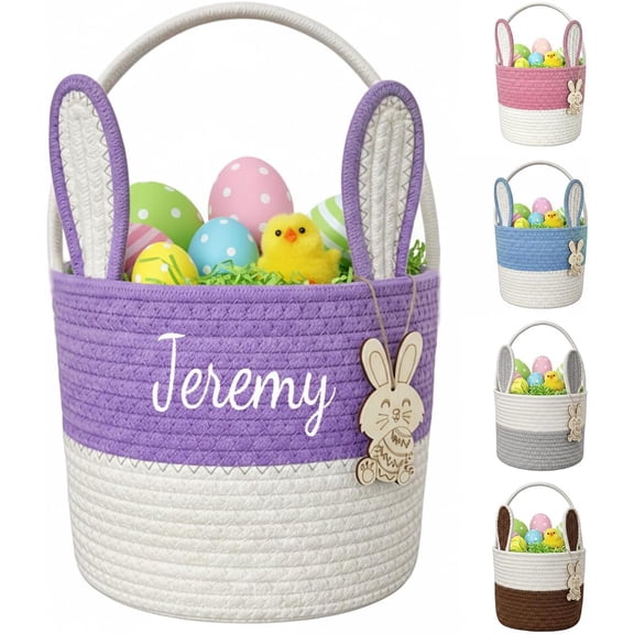 Personalized Easter Bunny Basket for Kids, Custom Easter Egg Hunt Bucket, Cute Rabbit Storage Basket With Wooden Tags, Easter Gifts for Boys Girls(Purple)
