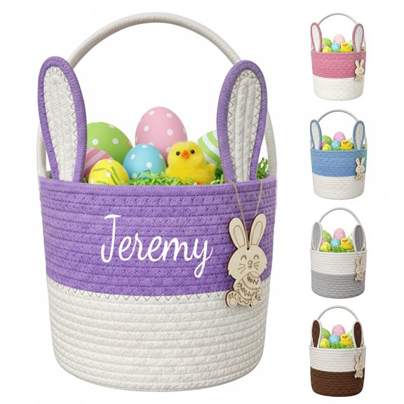Personalized Easter Bunny Basket for Kids, Custom Embroidered Name Easter Egg Hunt Bucket, Cute Rabbit Storage Basket With Wooden Tags, Easter Gifts for Boys Girls(1PC,Purple)