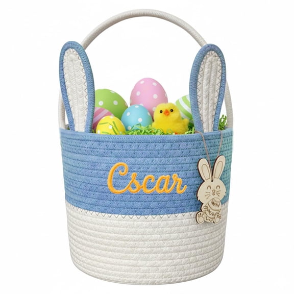 Personalized Easter Bunny Basket for Kids, Custom Embroidered Name Easter Egg Hunt Bucket, Cute Rabbit Storage Basket With Wooden Tags, Easter Gifts for Boys Girls(1PC,Blue)