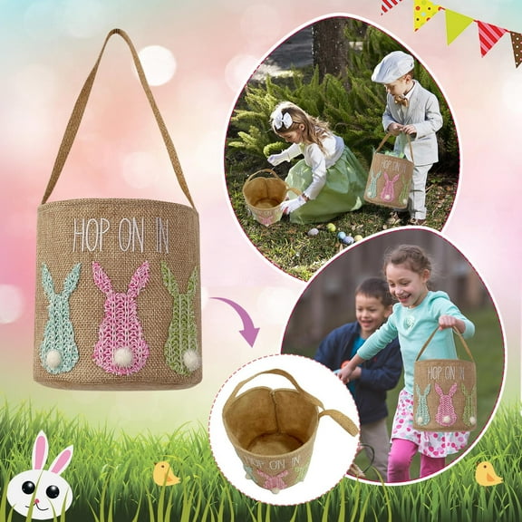 Personalized Easter Bunny Baskets for Kids, Canvas Easter Eggs Bucket Tote with Rabbit Fluffy Tail, Easter Party Favors and Decorations for Boys and Girls, Easter Gift Bags