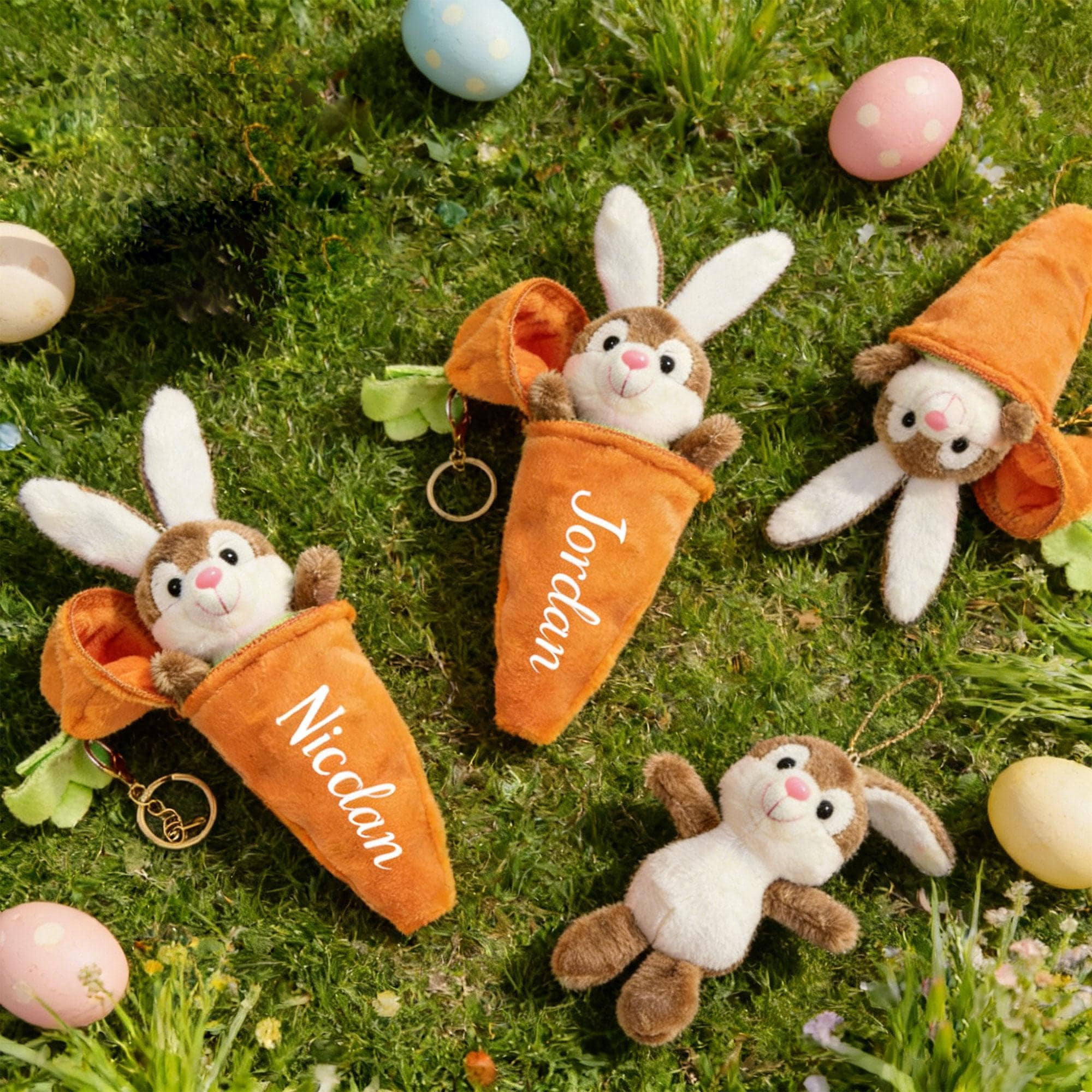 Personalized Easter Bunny Plush Accessory in Carrot Pouch – Custom Name Rabbit Gift