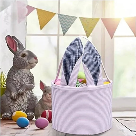 Personalized Easter Bunny Tote Basket - Cute Bunny Ear Hand Bucket for Egg Hunts, Candy, and Party Decoration