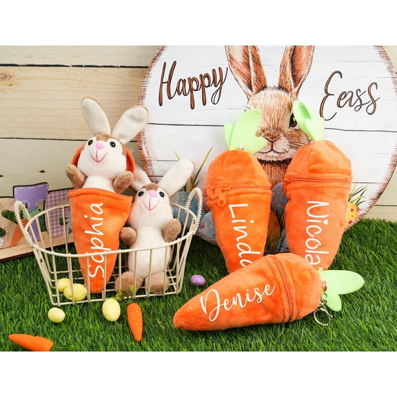 Personalized Easter Carrot with Plush Bunny: Custom Name Spring Holiday Gift