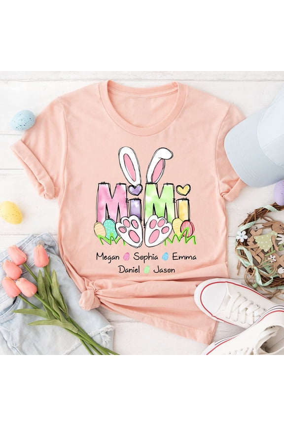 Personalized Easter Mimi With Grandkids T-Shirt - Fun Grandma Gift with Bunny Ears and Colorful Paw Prints