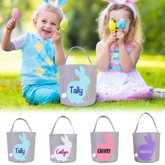 Personalized Easter Rabbit Silhouette Gift Basket with Embroidered Name Spring Custom Monogram Rabbit Egg Hunt Bag with Handle and Cotton Tail Egg Buckets Gifts Tote Basket Fillers Stuffers for Kids