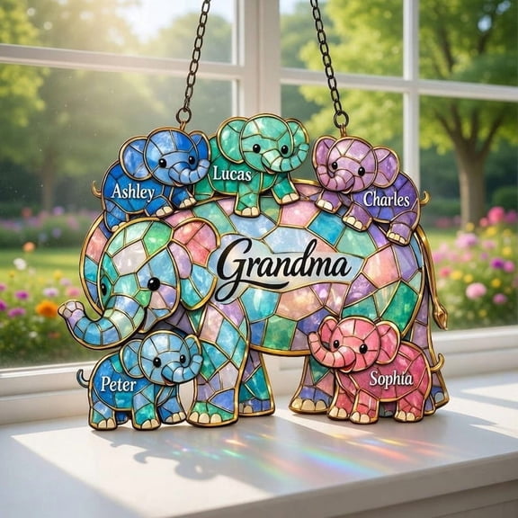 Personalized Elephant Acrylic Suncatcher For Grandma, Custom Grandkids Name Elephant Window Hanging, Window Decor