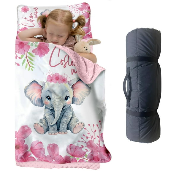 Personalized Elephant Nap Mat for Toddlers, Custom Floral Sleeping Bag with Nap Blanket, Pink Flower Theme Roll Up Mat for Preschool or Daycare(Cushions + Pillows22.5"x55"+Blanket size: 33.5" x 45")