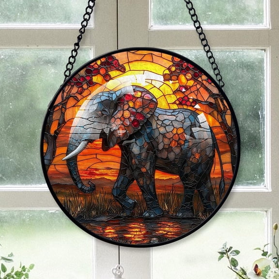 Personalized Elephant Stained Glass Suncatcher Artistic Window Hanging, Elephant Hand-Painted Glass Panel Wall Home Decor, Elephant Garden Decor eiKn7A