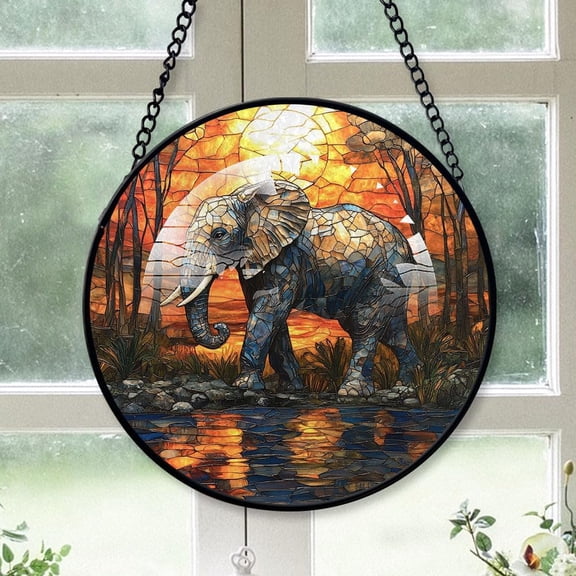 Personalized Elephant Stained Glass Suncatcher Artistic Window Hanging, Elephant Hand-Painted Glass Panel Wall Home Decor, Elephant Garden Decor mccWcc