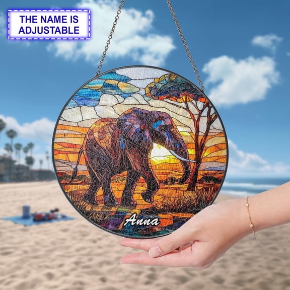 Personalized Elephant Stained Glass Suncatcher Custom Name Window Decor Handmade Animal Gift for Elephant Lovers