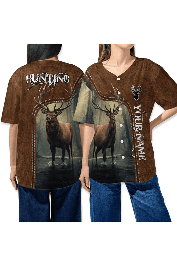 Personalized Elk Hunting Baseball Jersey - Custom Name Hunting Brown Style Jersey Shirt, Outdoor Hunter Apparel Gift