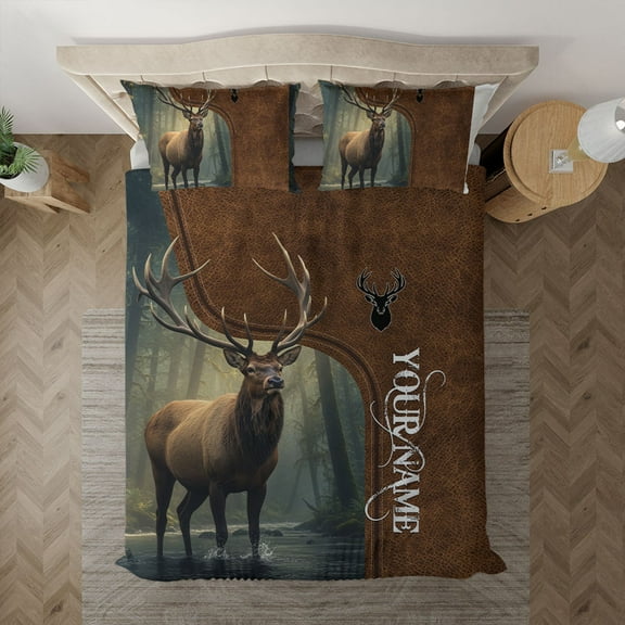 Personalized Elk Hunting Bedding Set, Custom Name Rustic Wildlife Elk Hunting Duvet Cover & Pillowcases