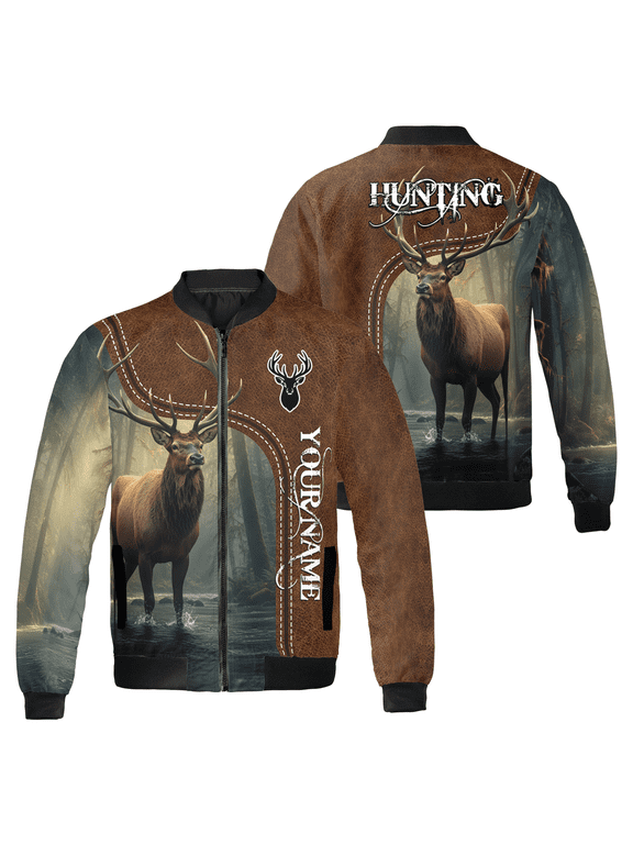 Personalized Elk Hunting Bomber Jacket – Custom Name Elk Stag Forest Design Zip Up Jacket