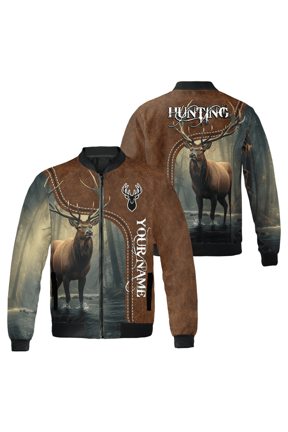 Personalized Elk Hunting Bomber Jacket – Custom Name Elk Stag Forest Design Zip Up Jacket