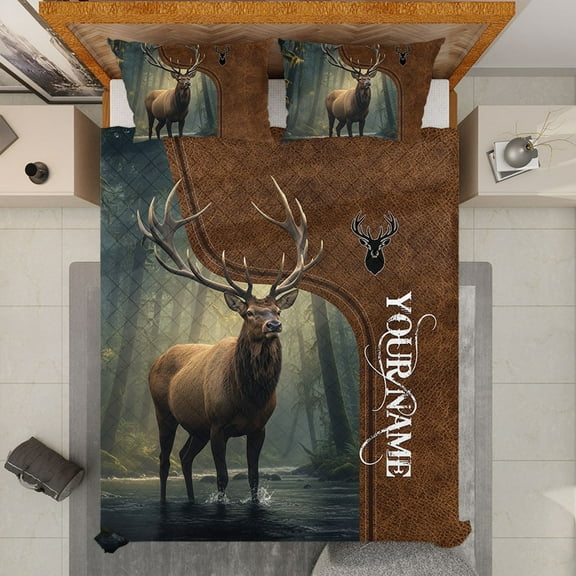 Personalized Elk Hunting Quilt Bed Set - Custom Name Wild Elk Quilt Set- Rustic Wildlife Quilt Blanket & Pillowcases - Birthday & Christmas Gift for Hunters