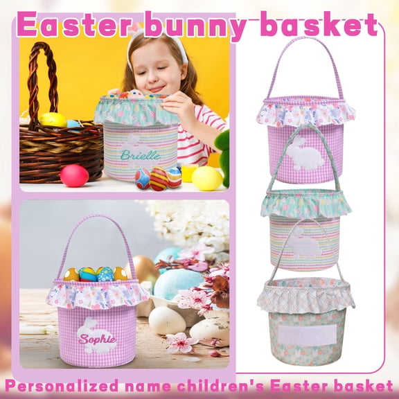 Personalized Embroidered Easter Bunny Basket - Custom Name Egg Hunt Tote, Cotton Rope Candy Storage, Spring Party Gift Bag
