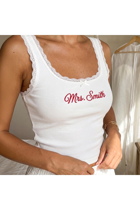 Personalized Embroidered Lace Tank Top, Bridal Camisole, Bridesmaid Gifts, New Mrs. Tank, Bachelorette Party Favors, Wife of the Party Shirt Size XS - 2XL