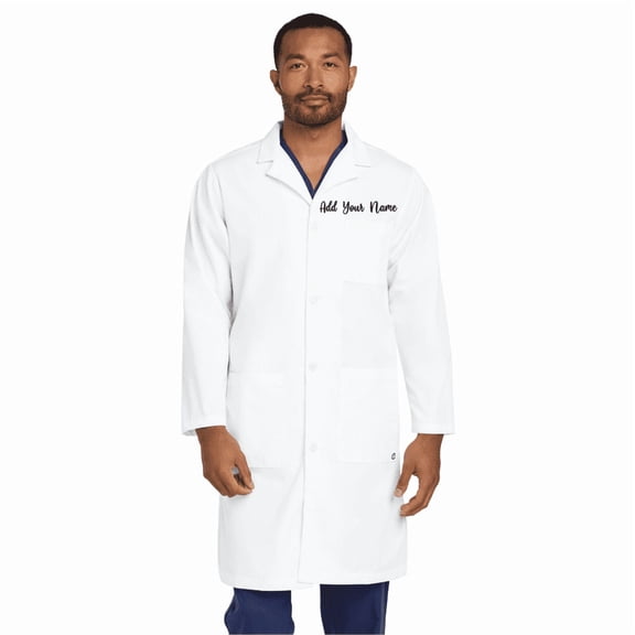 Personalized Embroidered Long Lab Coat for Men Add Your Name Text Custom Medical Laboratory Coat (White-L)