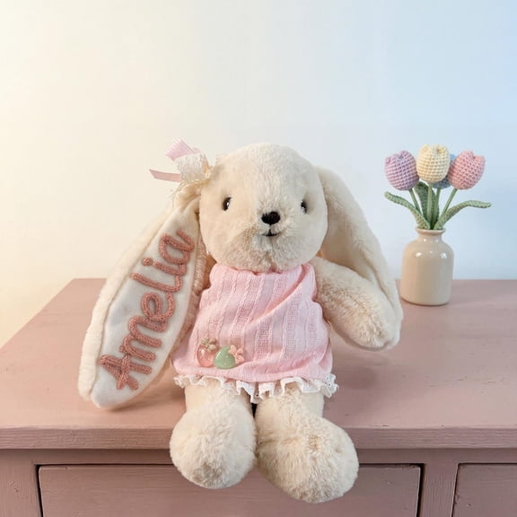 Personalized Embroidered Name Bunny Plush Toy, Soft Fluffy Stuffed Rabbit Security Comfort Doll, Custom Embroidery Gift for Baby Toddler Kids, 3 Styles Available (Polka Dot/Gingham/Pure Pink)