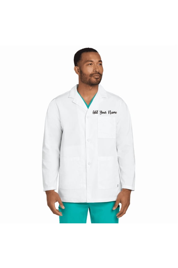 Personalized Embroidered Short Lab Coat for Men Add Your Name Text Custom Medical Laboratory Coat (White-L)