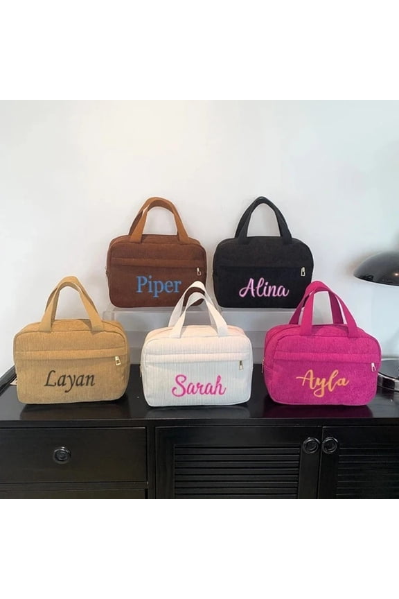 Personalized Embroidery Corduroy Makeup Bag - Custom Name, Multi-functional Portable Travel Storage Pouch, Leisure Handbag for C