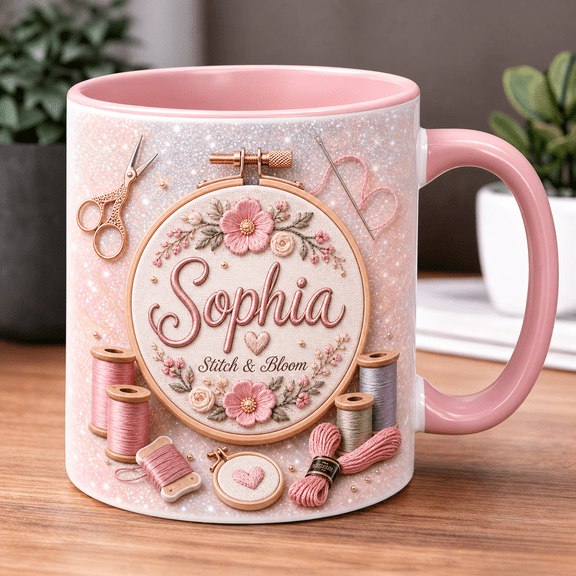 Personalized Embroidery Hoop Ceramic Coffee Mug, Pink Thread Set Craft Gift