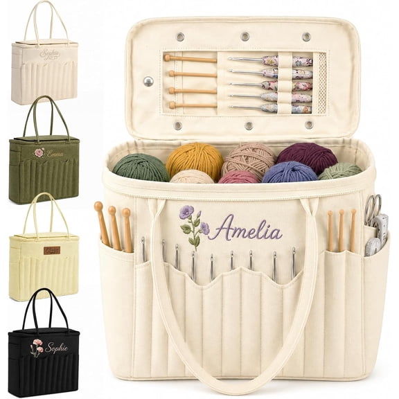 Personalized Embroidery Knitting Bag Custom Yarn Storage Bag with Name | Customized Large Canvas Crochet Bag with Multiple Pockets Organizer Tote Gift for Mom Grandma Needlework