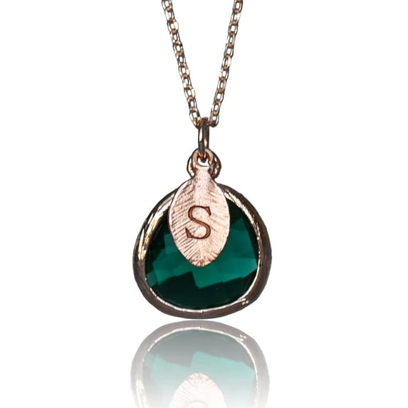 Personalized Emerald Necklace, Bridesmaid Necklace, May Birthstone Necklace, Custom Initial Necklace, Gift for Her, Emerald Jewelry - 18" Rose Gold Plated - Leaf Initial X