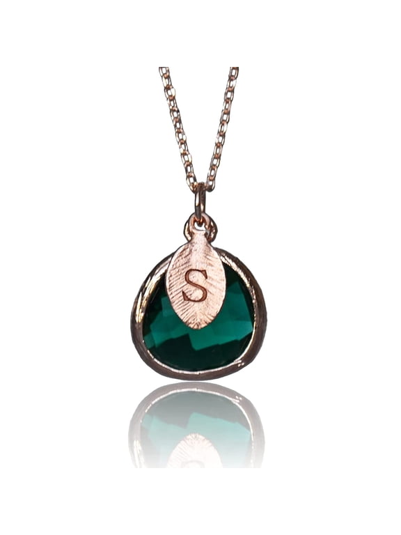 Personalized Emerald Necklace, Bridesmaid Necklace, May Birthstone Necklace, Custom Initial Necklace, Gift for Her, Emerald Jewelry - 16" Silver Plated - Leaf Initial A