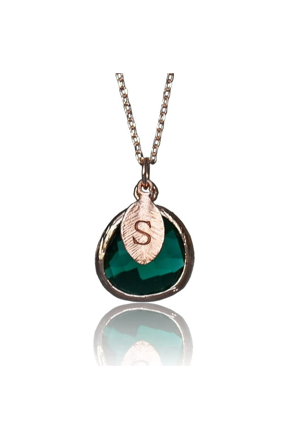 Personalized Emerald Necklace, Bridesmaid Necklace, May Birthstone Necklace, Custom Initial Necklace, Gift for Her, Emerald Jewelry - 20" Silver Plated - Leaf Initial D